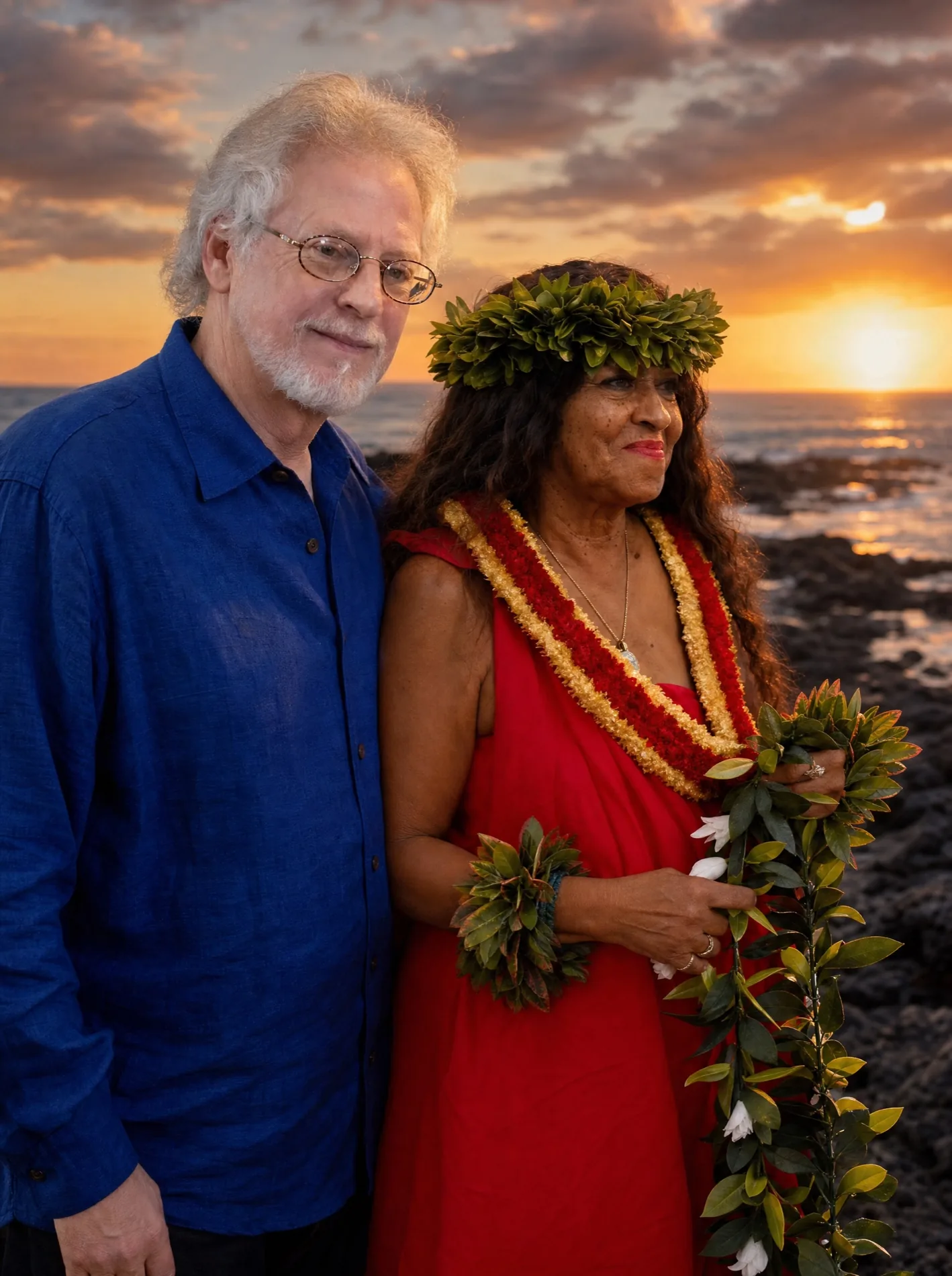 Steven Halpern and Kahu Kāhealani together on the shoreline at sunset