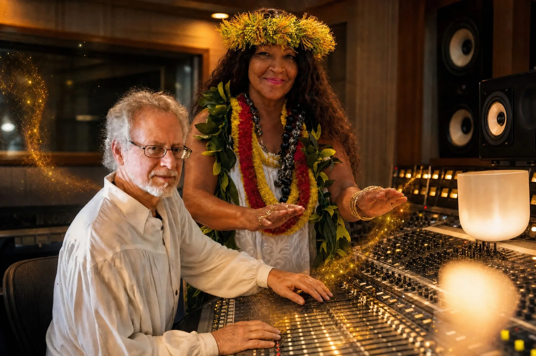 Kahu Kāhealani offering a blessing over the mixing desk while Steven Halpern works, gold light flowing from her hands into the console