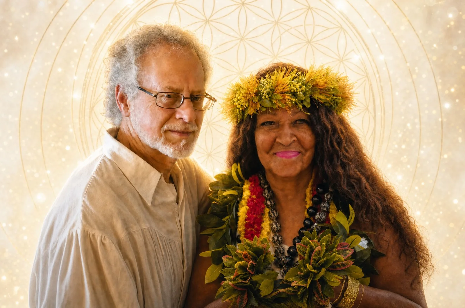 Steven Halpern and Kahu Kāhealani together, wrapped in golden light