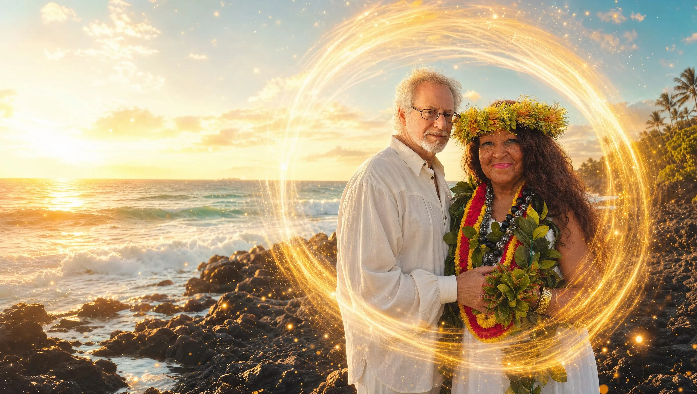 Steven Halpern and Kahu Kāhealani together on a Hawaiian lava shoreline, wrapped in a field of golden light