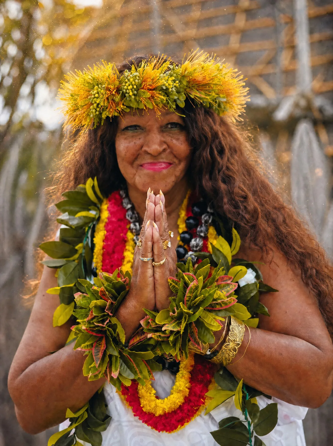 Kahu Kāhealani with hands together in prayer