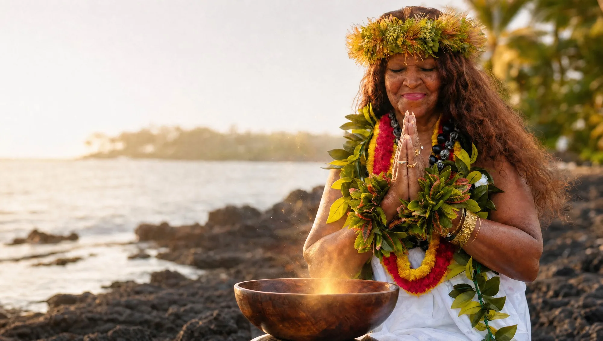 Kahu Kāhealani in prayer over a koa bowl on the lava shore at first light