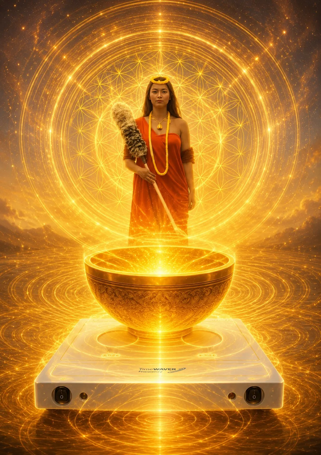 A woman standing inside a golden toroidal energy field patterned with the Flower of Life, a singing bowl resting on a TimeWaver frequency console beneath her