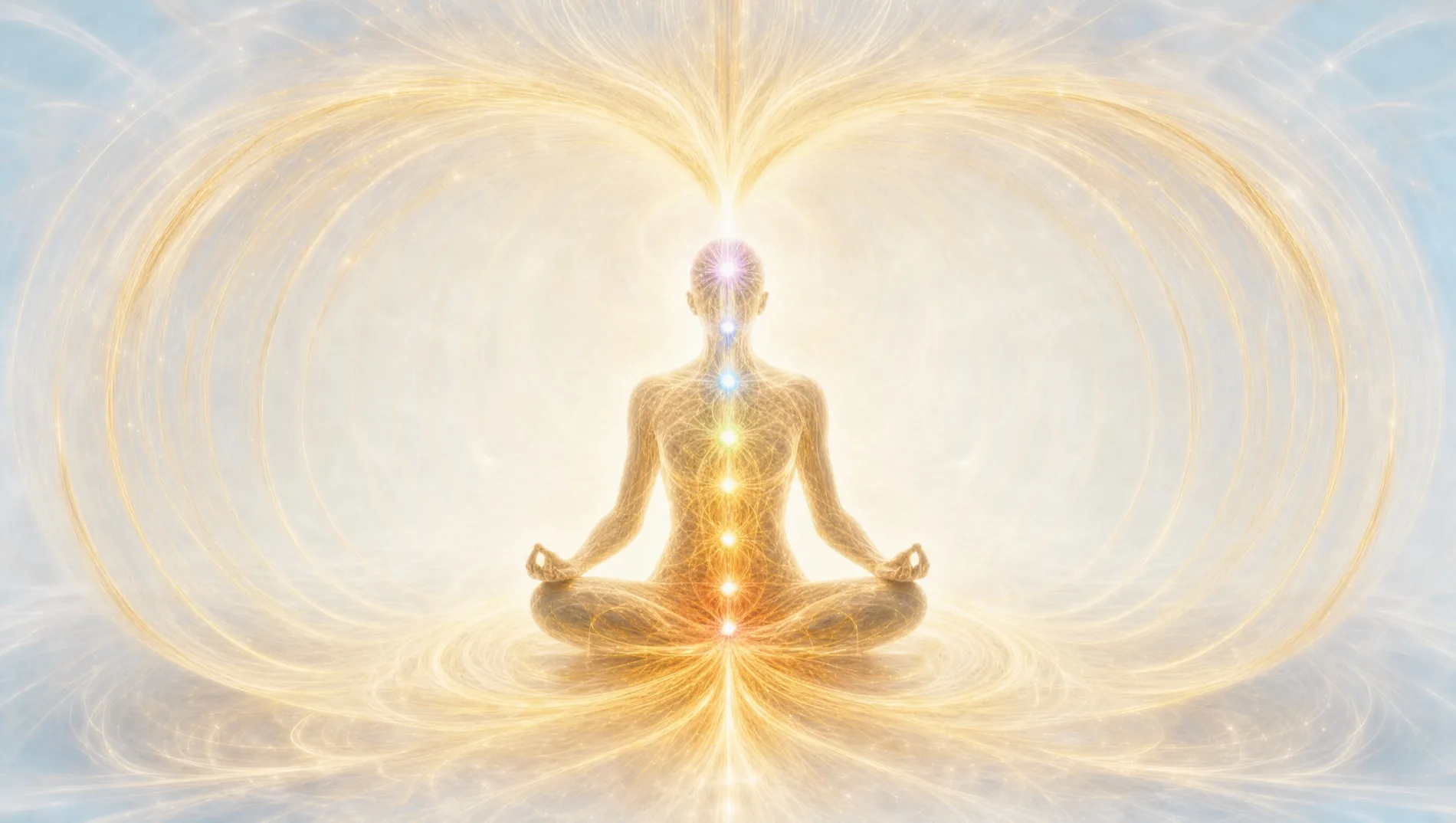 A figure seated in stillness inside a field of light