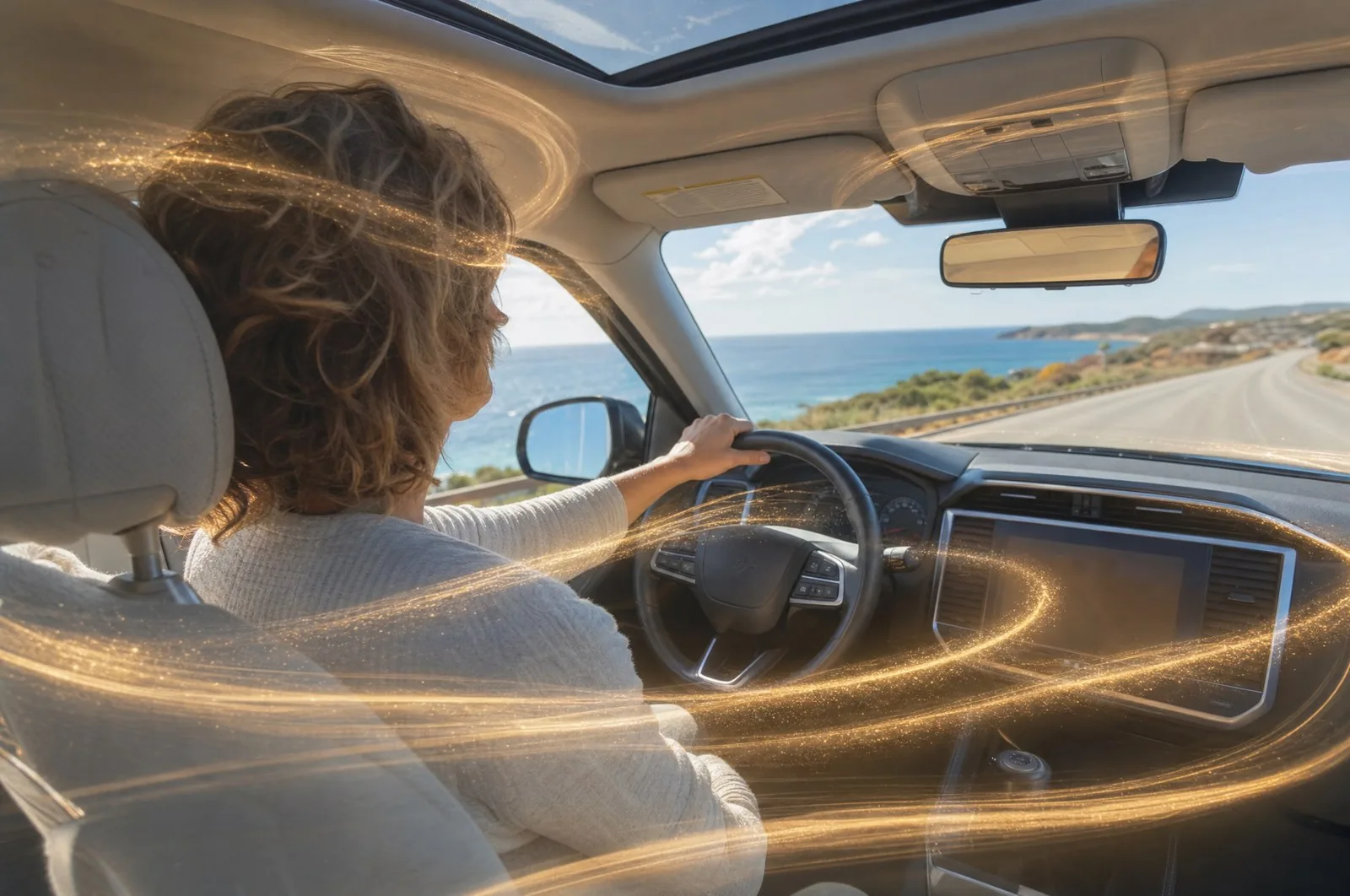 A driver on an open coastal road in daylight, the cabin wrapped in golden light