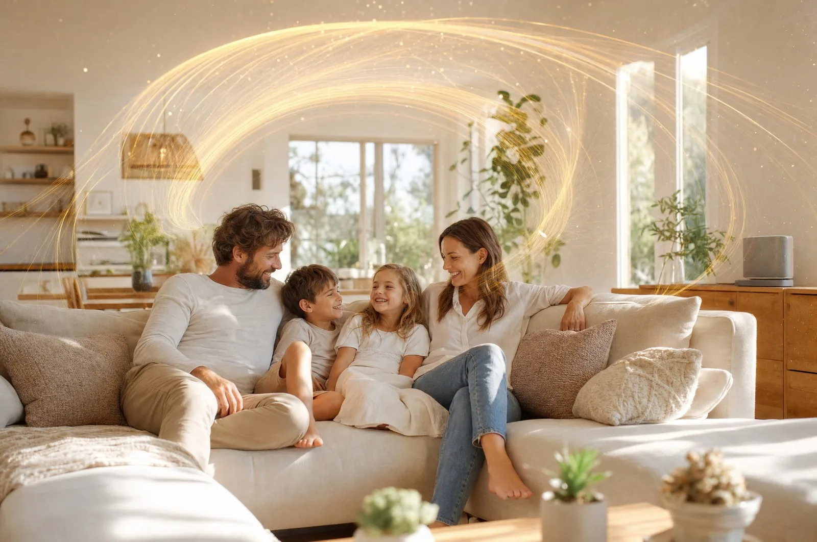 A family together in a sunlit living room filled with a golden field