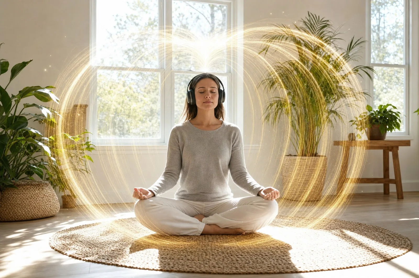 A woman meditating in a bright sunlit room inside a golden toroidal field