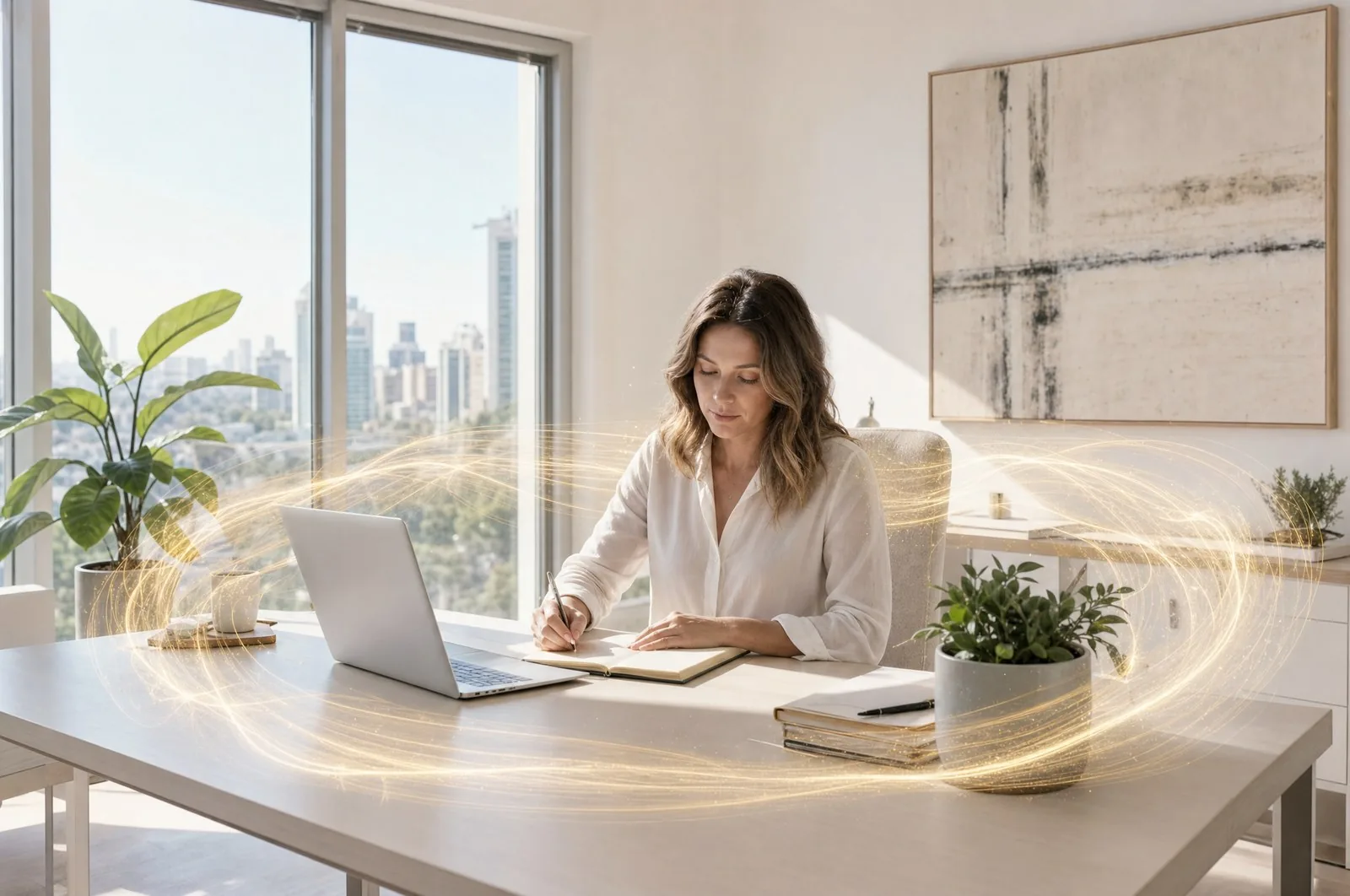 A woman working at a bright desk with a soft golden field over it