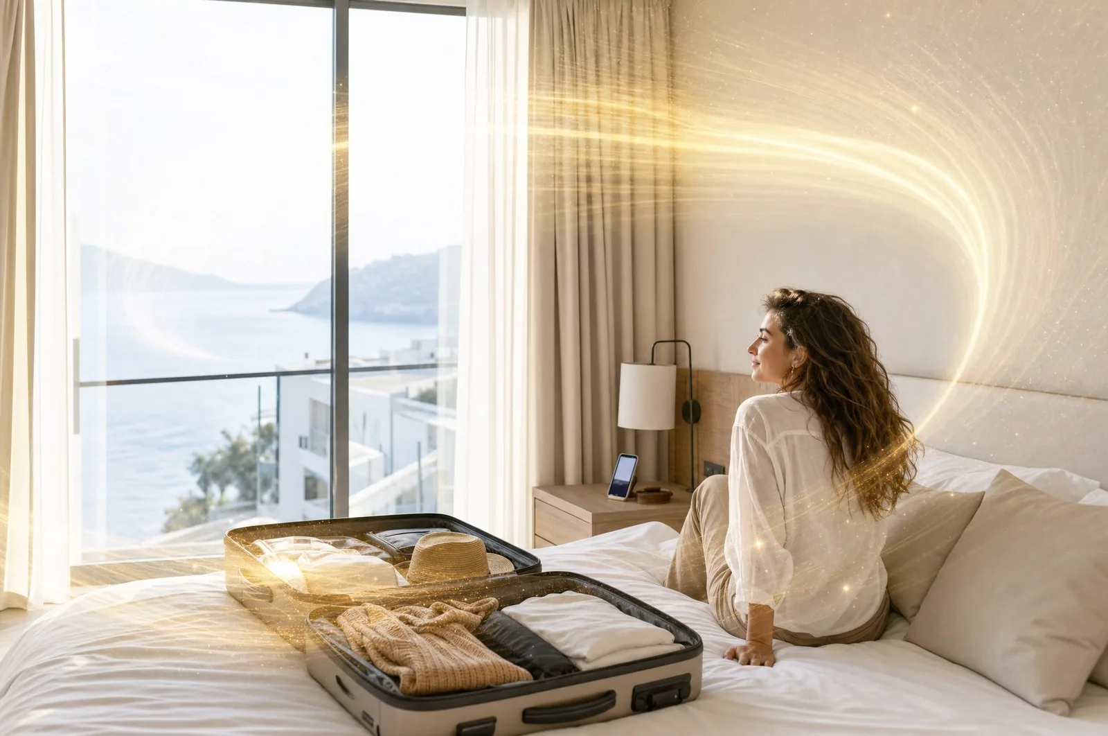 A traveller resting in a bright hotel room, a golden field around the space