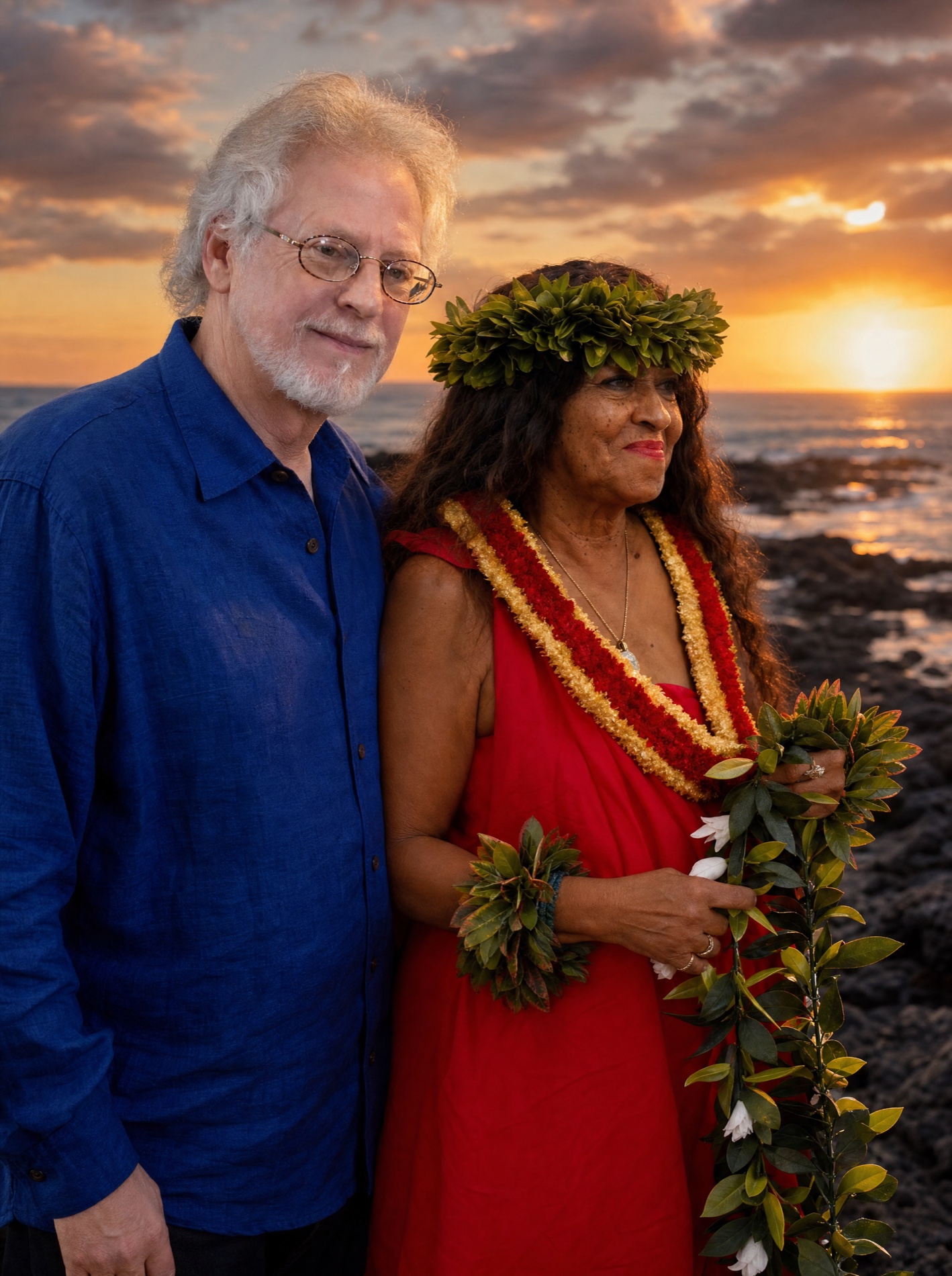 Steven Halpern and Kahu Kāhealani together on the lava coast at dusk