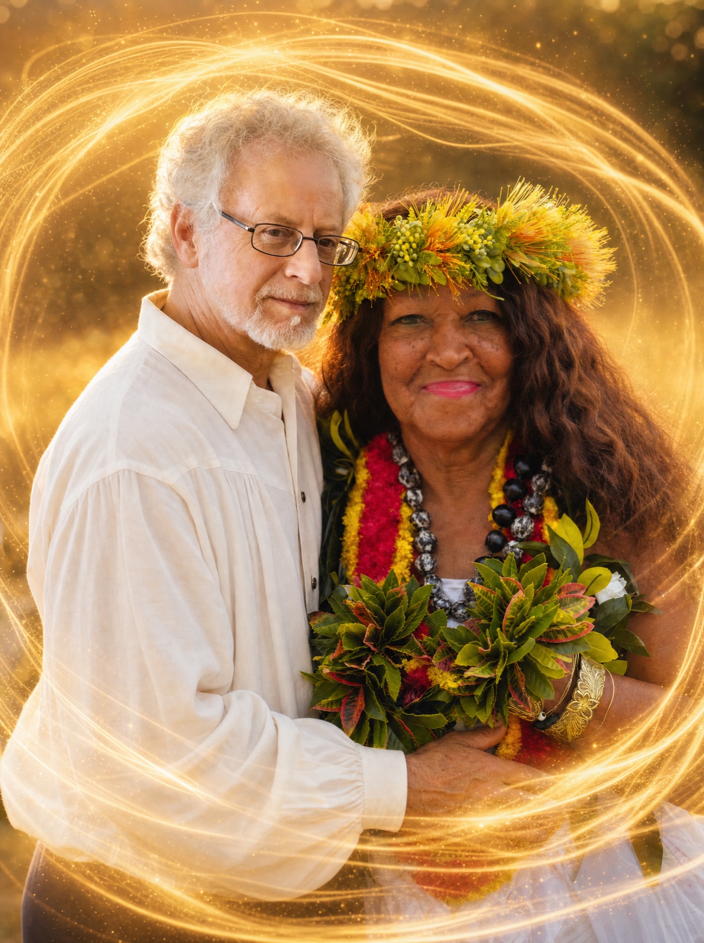 Steven Halpern and Kahu Kāhealani together, held in a golden quantum field