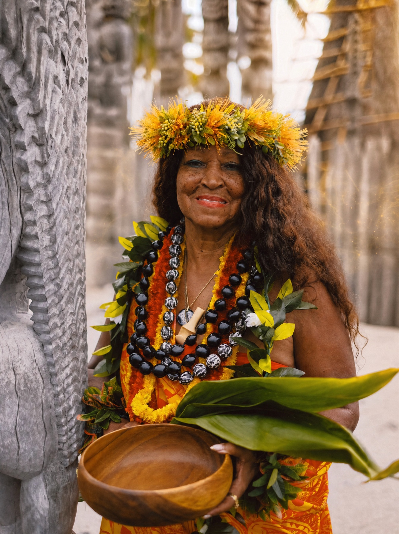 Kahu Kāhealani holding the koa ceremony bowl in ritual