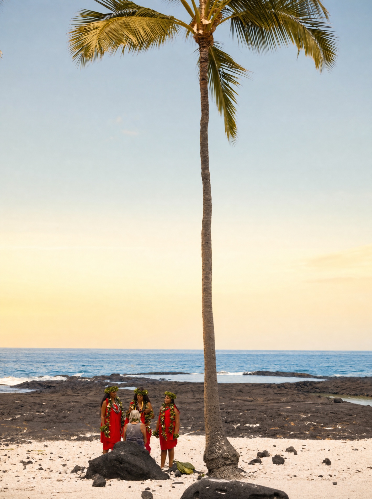 Three generations of Kāhealani's ʻohana in ceremony on the Hawaiian coast
