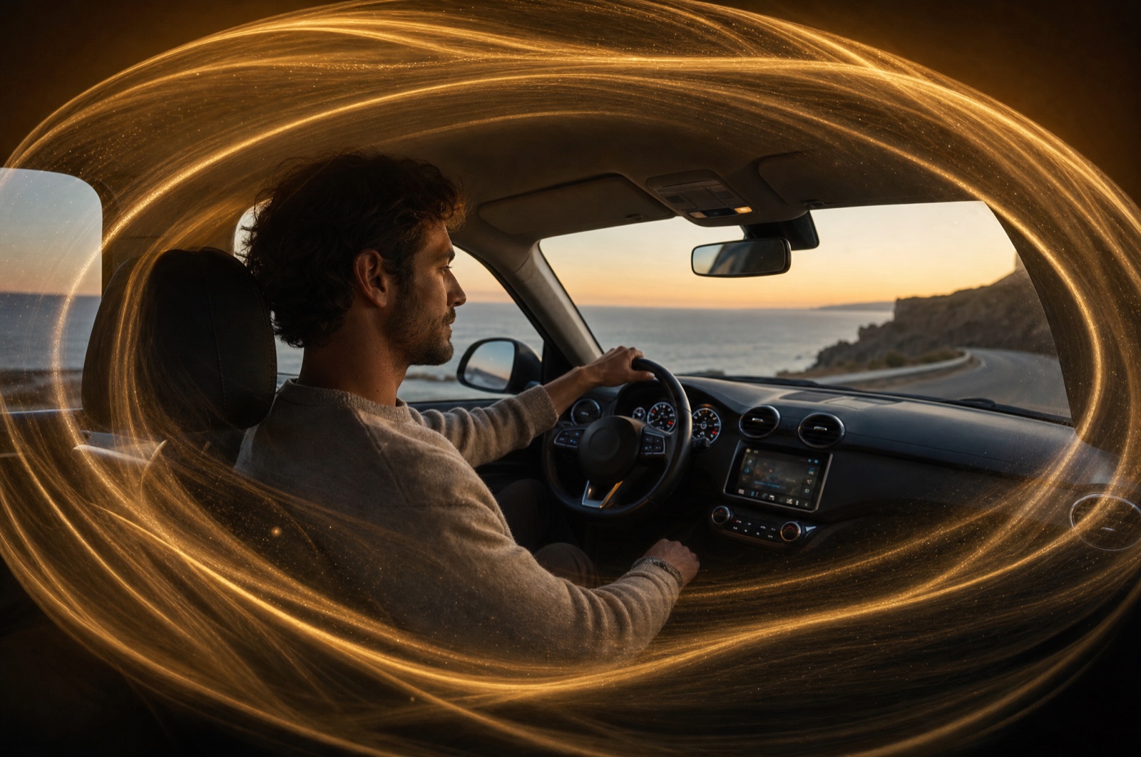 A driver at dusk, the car cabin wrapped in golden light