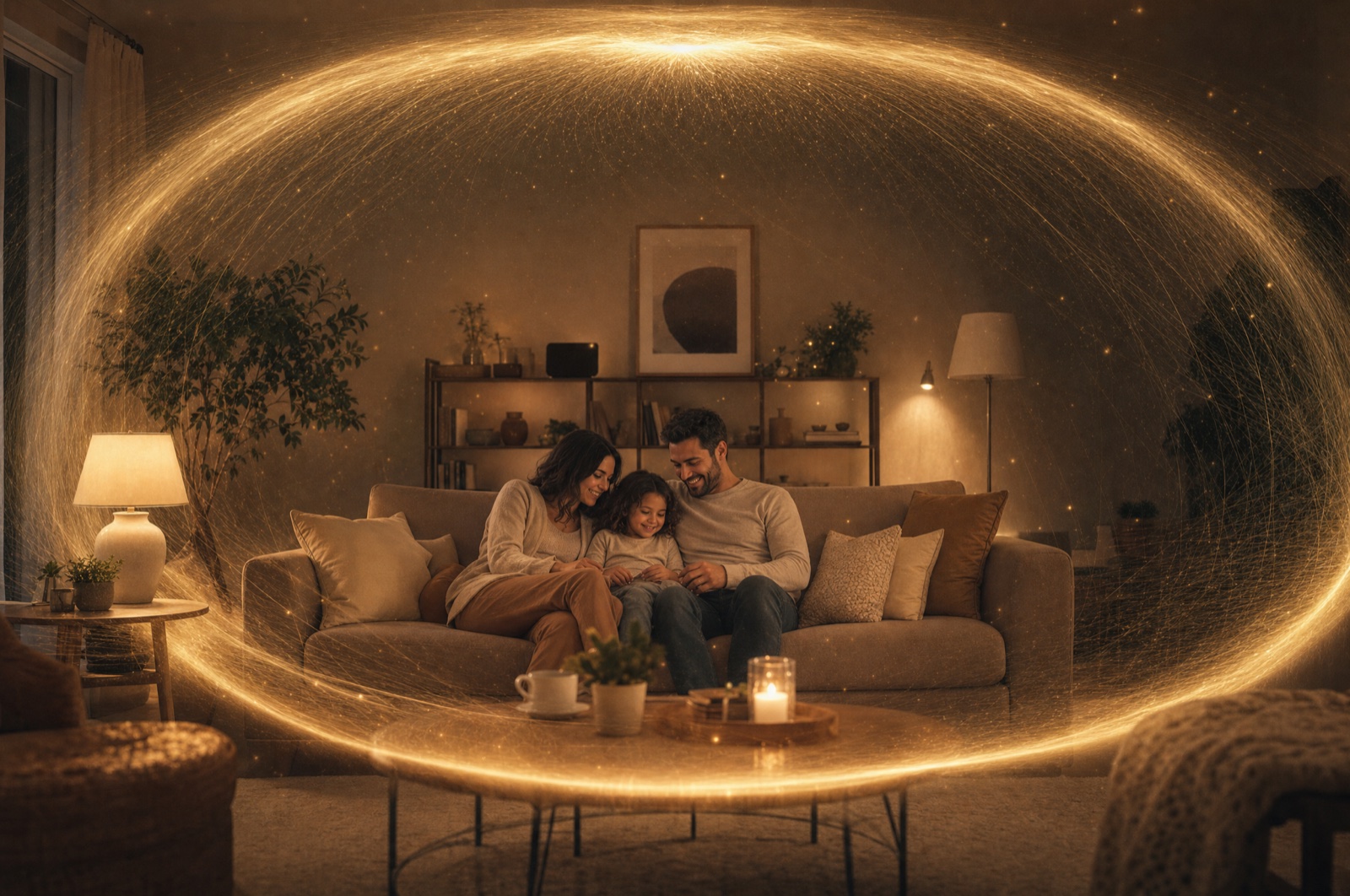 A family in their living room, the whole house held in a golden field of light