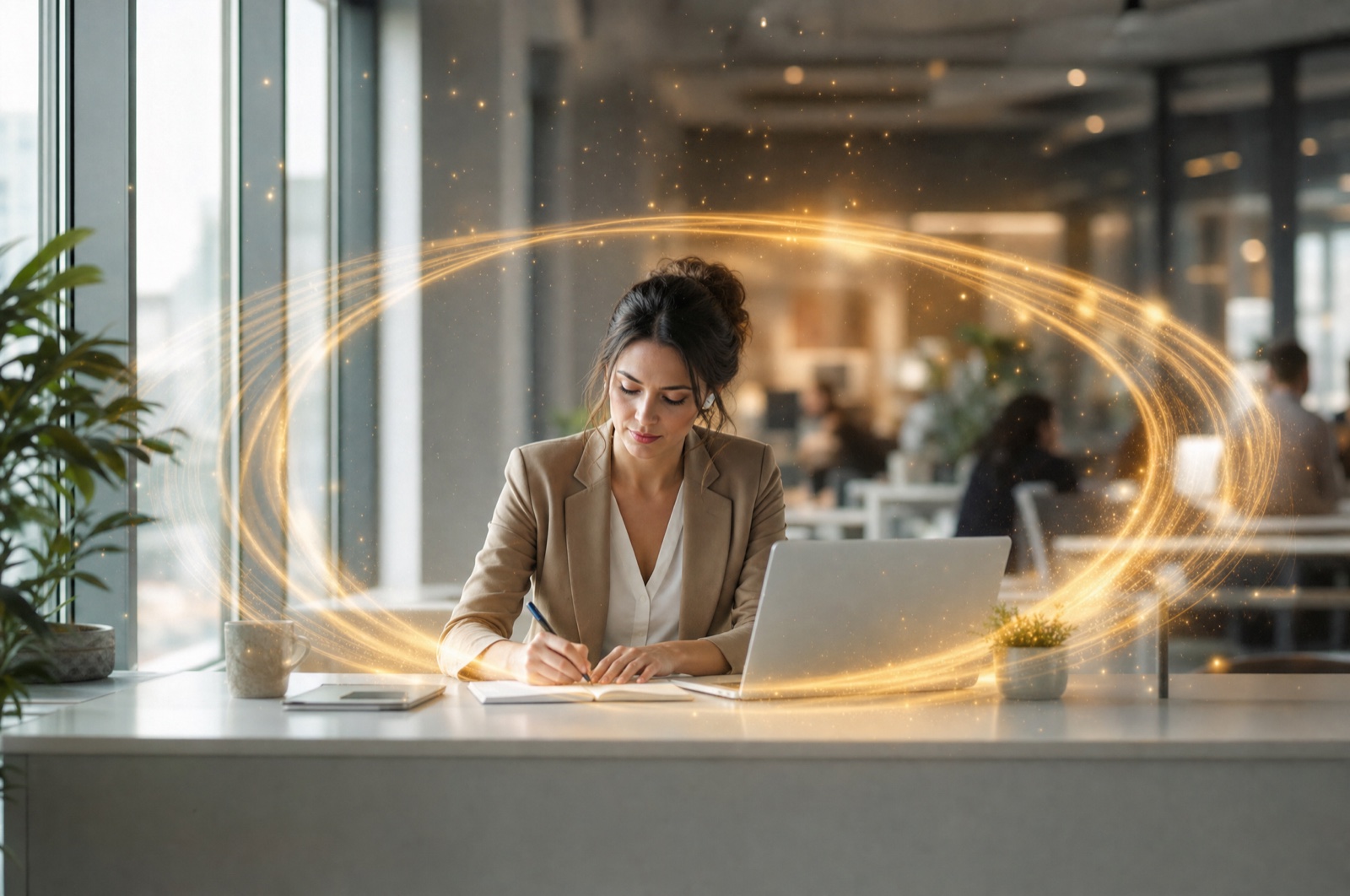 A woman working at her desk inside a soft golden field