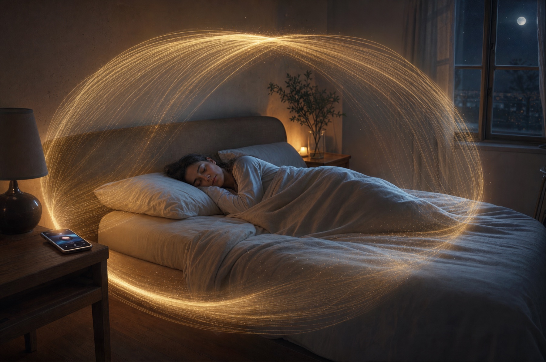 A woman asleep inside a golden toroidal field of light, phone playing on the nightstand