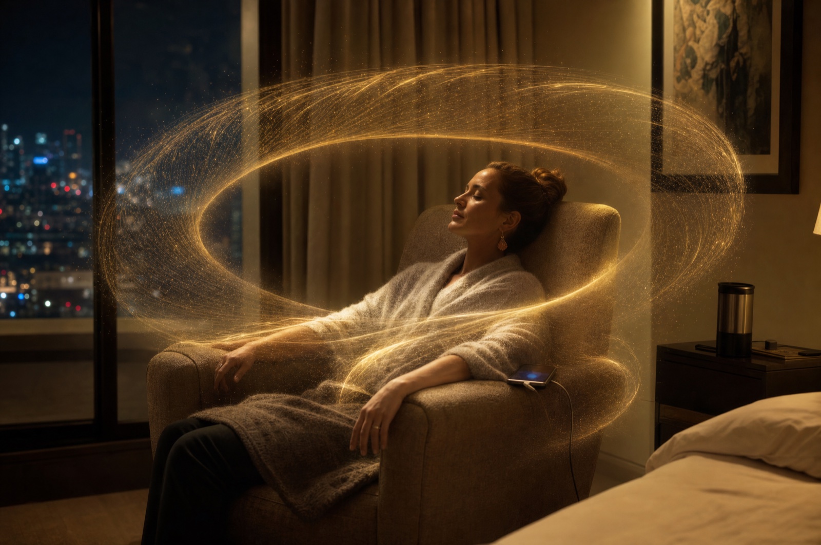 A traveler in a hotel armchair at night, held in golden light